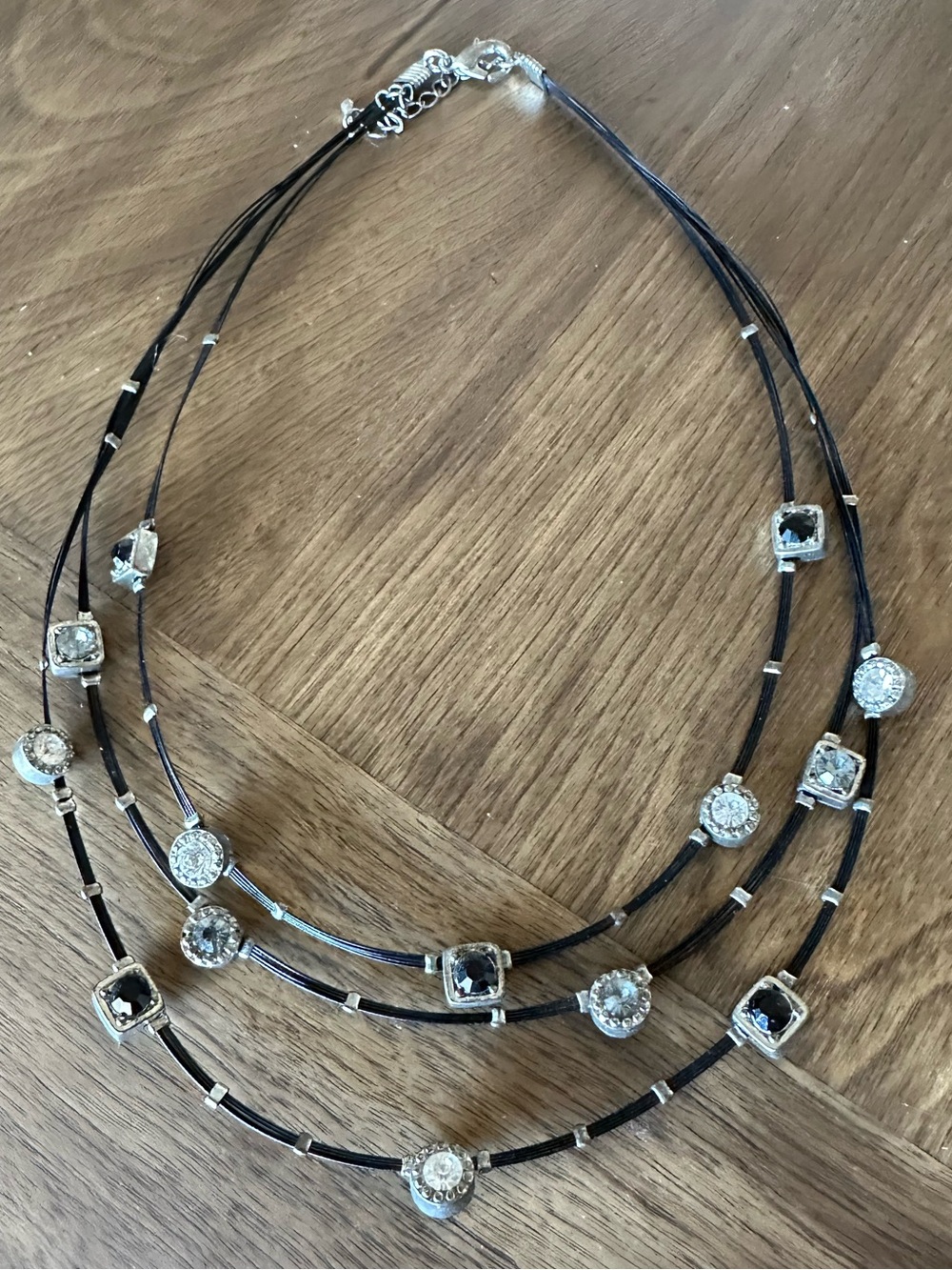 Black & Silver Multi-Strand Wire Rhinestone Statement Necklace